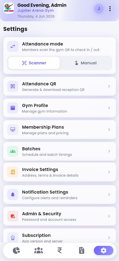 Gym owner settings screenshot