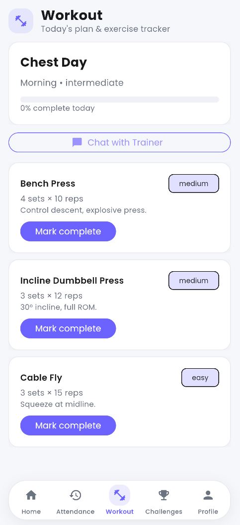 Member workout log screenshot